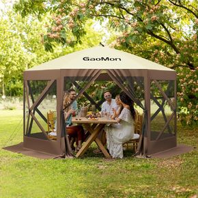 GAOMON 12x12ft Camping Gazebo, Portable Pop Up Canopy Outdoor Screen Tent 6 Sided with Mesh Windows and Carry Bag for Camping, Picnic, Backyard Party Outside Activities, Brown