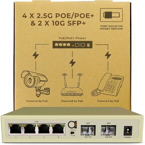 6-Port 2.5G PoE/PoE+ Unmanaged Ethernet Switch, 4 x 2.5G Base-T, 2 x 10G SFP+, VLAN Isolation, Supports 100/1000/2500Mbps, Fanless Metal Design, Desktop/Wall Mount, Ideal for WiFi AP, PoE Devices