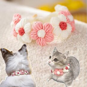 Knitted Flower Collar for Cat or Puppy, Necklace for Puppy Dog Accessories Kitten Collar Girl Boy Pet Safety Collar Fast Release Buckle Adjustable Length (Pink & White, Large 9 Flowers)