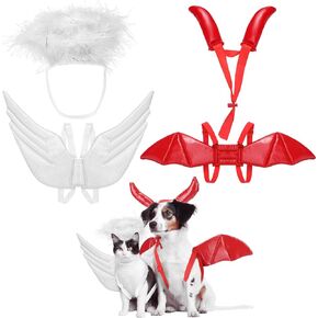 Pet Halloween Costume Angel Dog Costume Wings and Dog Devil Costume Cat Angel Devil Cosplay Outfit One Size Fits Many Pets for Christmas Holiday, Halloween Parties, Gifts for Dog & Cat Lovers in Kuwait