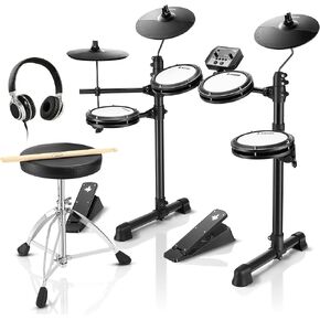 Donner DED-80 Electronic Drum Set, Electric Drum Set for Beginner with 4 Quiet Mesh Drum Pads, 2 Switch Pedal, 180+ Sounds, Throne, On-Ear Headphones, Sticks, and Melodics Lessons Included Black