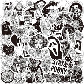50PCS Goth Stickers for Water Bottles, Black White Gothic Stickers, Waterproof Vinyl Decals for Laptop Scrapbook Suitcase Skateboard Snowboard Luggage