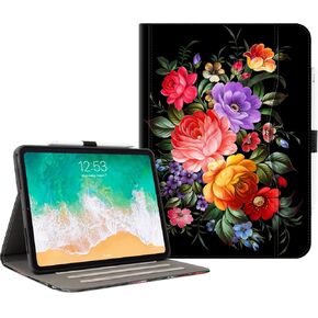 Lokigo iPad Pro 11 Inch Case (5th Gen 2024, M4), Case for iPad 11 Inch Pro with Front Pocket/Hand Strap, Built with Pencil Holder, iPad Pro 11 Viewing Case Auto Wake/Sleep, Black Colord Flowers