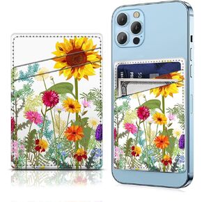 Phone Card Holder Leather, Dual Pocket Phone Wallet Adhesive Stick On, Cute Credit Card Pocket for Phone Case Compatible with Most Phone Cute Blue Leaf