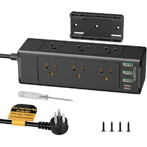 Kungfuking Under Desk Power Strip Mountable, 13 in 1 Adhesive Desk Edge Mount 1700J Surge Protector 20W USB Hub Desktop Charger, Removable Outlet Slide Rail Charging Cart Socket, 6 FT Flat Plug
