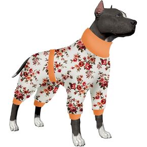 LovinPet Pets Outfit, Post Operative Jumpsuit for Dogs Apparel, Reflective Strap Full Coverage Dog Onesie, Elastic Blooming White, Green, Red Prints Pajamas for Big Dogs XXL