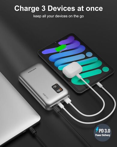 AsperX 65W Power Bank 20,000mAh شاحن محمول للكمبيوتر المحمول، USB C PD Power Bank شحن سريع، حزمة بطارية لأجهزة iPhone 15/14/13، MacBook، Dell XPS، Galaxy S24، Steam Deck، AirPods، والمزيد in Saudi Arabia