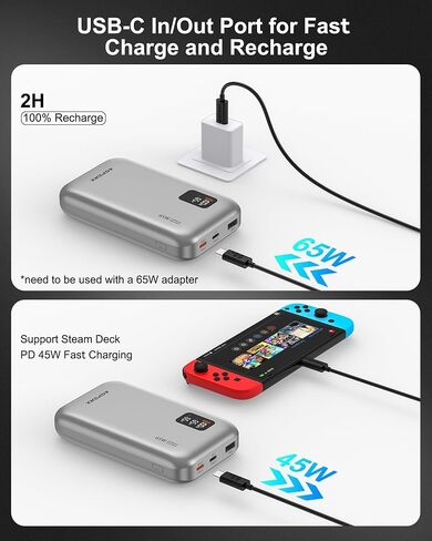AsperX 65W Power Bank 20,000mAh شاحن محمول للكمبيوتر المحمول، USB C PD Power Bank شحن سريع، حزمة بطارية لأجهزة iPhone 15/14/13، MacBook، Dell XPS، Galaxy S24، Steam Deck، AirPods، والمزيد in Saudi Arabia