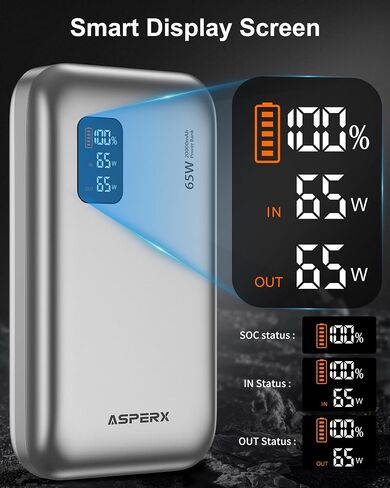 AsperX 65W Power Bank 20,000mAh شاحن محمول للكمبيوتر المحمول، USB C PD Power Bank شحن سريع، حزمة بطارية لأجهزة iPhone 15/14/13، MacBook، Dell XPS، Galaxy S24، Steam Deck، AirPods، والمزيد in Saudi Arabia