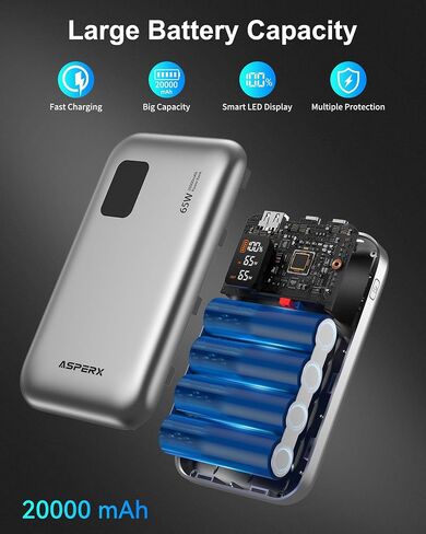 AsperX 65W Power Bank 20,000mAh شاحن محمول للكمبيوتر المحمول، USB C PD Power Bank شحن سريع، حزمة بطارية لأجهزة iPhone 15/14/13، MacBook، Dell XPS، Galaxy S24، Steam Deck، AirPods، والمزيد in Saudi Arabia