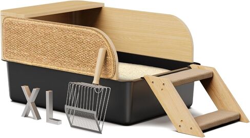 Stainless Steel Large Size Cat Litter Box - Wooden Fence-Never Absorbs Odor, Stains or Rusts - Easy to Clean with Ladder, Litter Scoop in Saudi Arabia
