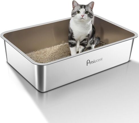Stainless Steel Cat Litter Box: Extra Large Metal Liiter Box - Easy to Clean High Side Cat Metal Litter Pan for Large Cat and Kitty Rabbits-Non Stick Anti Leakage in Saudi Arabia