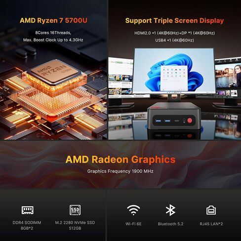 كمبيوتر صغير P4، كمبيوتر ألعاب صغير بمعالج AMD Ryzen 7 5700U (8C/16T، حتى 4.3 جيجا هرتز) ذاكرة الوصول العشوائي 16 جيجا بايت، 512 جيجا بايت M.2 SSD، كمبيوتر مكتبي بشاشة ثلاثية، نظام التشغيل Windows 11 Pro مسبق، شبكة LAN مزدوجة، WiFi 6E، BT 5.2 in Saudi Arabia