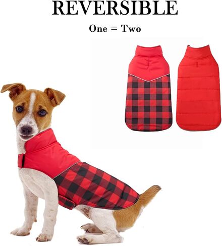 Geyecete Dog Winter Coat,Reversible Dog Coat Water Resistant British Style Plaid Dog Winter Coats Leash Hole Soft Basic Warm Dog Coat Jacket-Pink-M in Kuwait