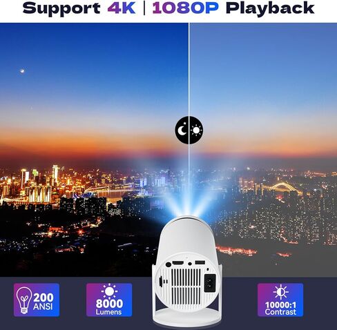 Mini Projector 4K 1080P Portable Projector 180° Rotatable Android 12 Bluetooth 5.0 WiFi 6 Auto Keystone Outdoor Movie Projector Compatible with Phone Laptop in Kuwait