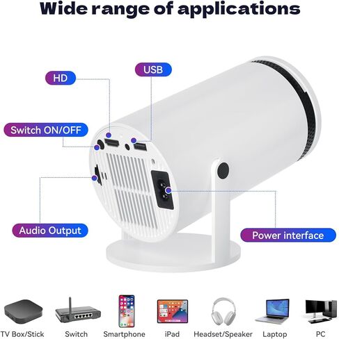 Mini Projector 4K 1080P Portable Projector 180° Rotatable Android 12 Bluetooth 5.0 WiFi 6 Auto Keystone Outdoor Movie Projector Compatible with Phone Laptop in Kuwait