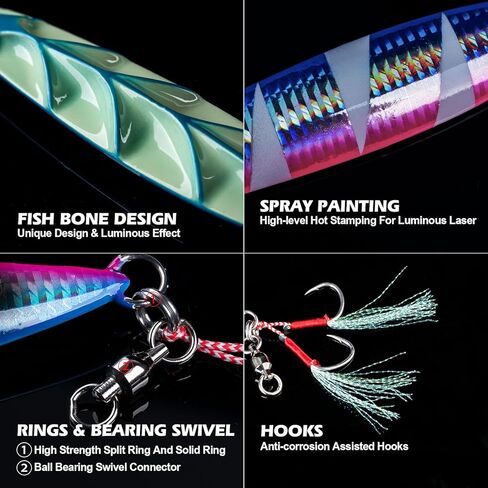 Goture Slow Pitch Jigs, Glow Flat Fall Jig Fishing Lure with Double Assist Hooks and Swivel, Fishing Jigs Saltwater 40g-250g Deep Sea Fishing Jigging Lures for Tuna,Dogtooth Tuna, Yellowtail,Kingfish in Kuwait