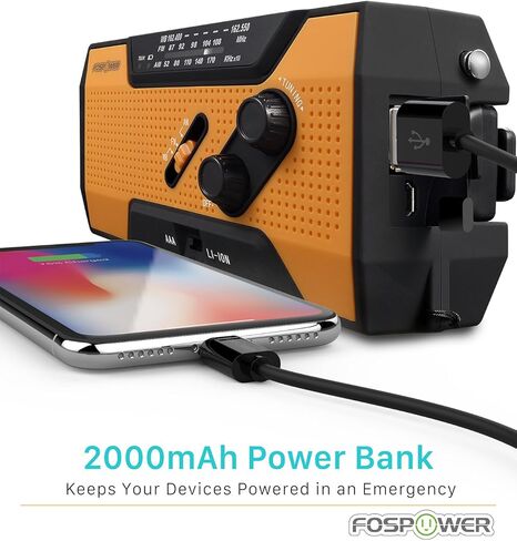 FosPower 4000mAh NOAA راديو الطقس في حالات الطوارئ (موديل D2) بنك الطاقة المحمول مع شحن بالطاقة الشمسية، كرنك اليد والبطارية، شاشة LCD، إنذار SOS، AM/FM ومصباح LED للطوارئ في الهواء الطلق in Kuwait