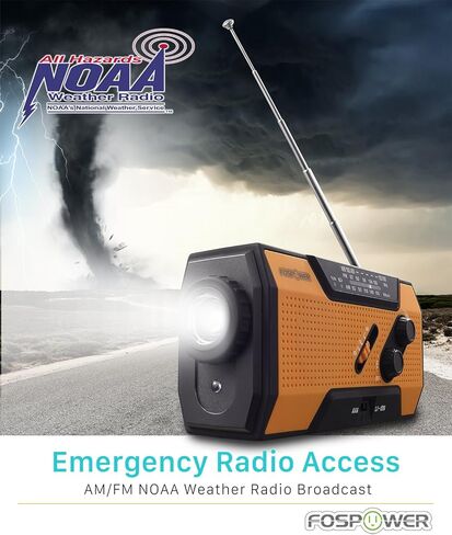 FosPower 4000mAh NOAA راديو الطقس في حالات الطوارئ (موديل D2) بنك الطاقة المحمول مع شحن بالطاقة الشمسية، كرنك اليد والبطارية، شاشة LCD، إنذار SOS، AM/FM ومصباح LED للطوارئ في الهواء الطلق in Kuwait