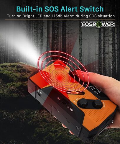 FosPower 4000mAh NOAA راديو الطقس في حالات الطوارئ (موديل D2) بنك الطاقة المحمول مع شحن بالطاقة الشمسية، كرنك اليد والبطارية، شاشة LCD، إنذار SOS، AM/FM ومصباح LED للطوارئ في الهواء الطلق in Kuwait