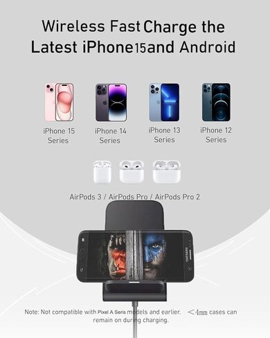 حامل شاحن لاسلكي 15 وات شحن سريع لهاتف Galaxy S24 S23 Ultra S22+ S21 S20 شاحن لاسلكي محطة شحن للهاتف iPhone 16 15 14 13 12 11، Google Pixel 9 Pro XL 9 Fold 8 Pro 8a 7a 6 Pro Pad in Kuwait
