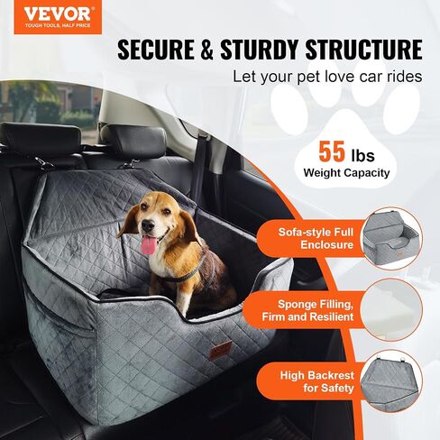 VEVOR Dog Car Seat, Dog Booster Seat for Car with A Storage Pocket, Clip-On Safety Leash, Sponge and PP Cotton Filling, Dog Car Bed for Small & Medium Dog up to 40lbs, Gray in Kuwait
