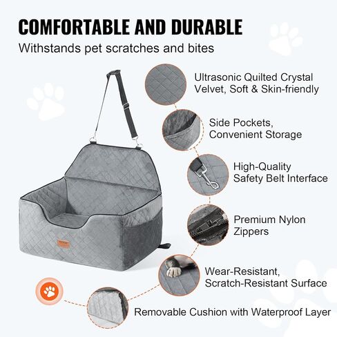 VEVOR Dog Car Seat, Dog Booster Seat for Car with A Storage Pocket, Clip-On Safety Leash, Sponge and PP Cotton Filling, Dog Car Bed for Small & Medium Dog up to 40lbs, Gray in Kuwait