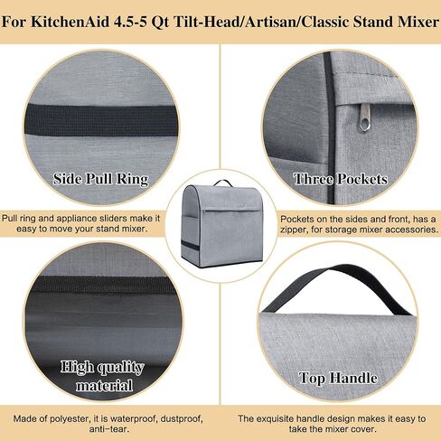 Stand Mixer Cover, Kitchen Aid Mixer Cover Compatible with 4.5-5 Qt Tilt-Head Stand Mixer, Dust Cover with 3 Pockets & 8 Pcs Appliance Sliders, Kitchen Aid Mixer Accessories, Grey in Saudi Arabia