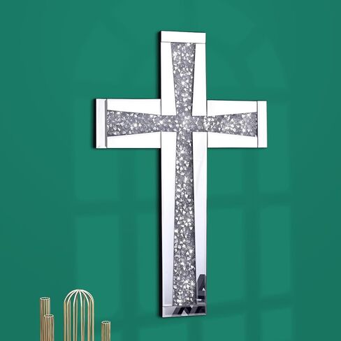 Aeveco Silver Cross Mirror for Wall Decoration, Crystal Crush Diamond Mirrored Cross for Living Room, Bedroom, Home Décor in Saudi Arabia