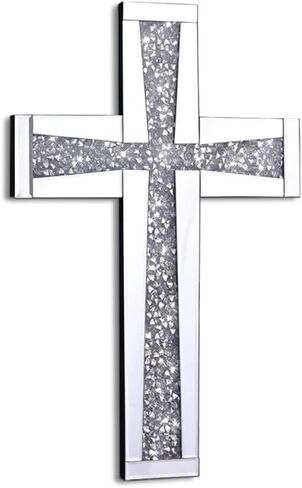 Aeveco Silver Cross Mirror for Wall Decoration, Crystal Crush Diamond Mirrored Cross for Living Room, Bedroom, Home Décor in Saudi Arabia