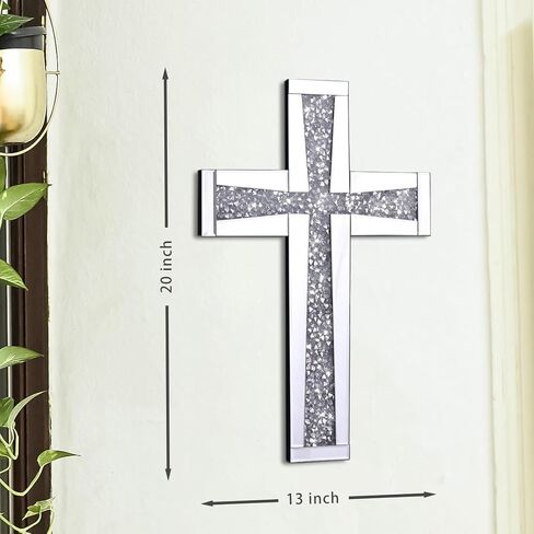 Aeveco Silver Cross Mirror for Wall Decoration, Crystal Crush Diamond Mirrored Cross for Living Room, Bedroom, Home Décor in Saudi Arabia