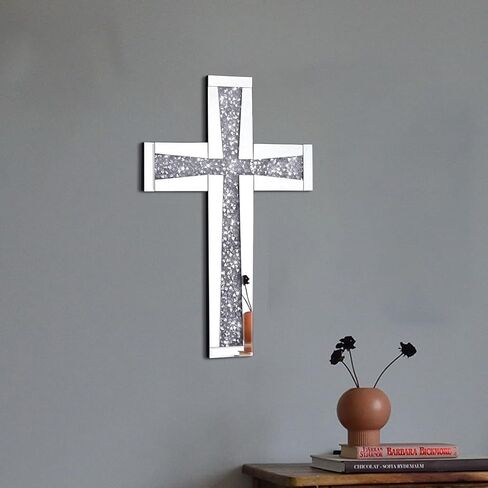 Aeveco Silver Cross Mirror for Wall Decoration, Crystal Crush Diamond Mirrored Cross for Living Room, Bedroom, Home Décor in Saudi Arabia