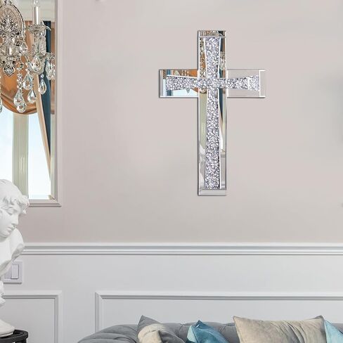 Aeveco Silver Cross Mirror for Wall Decoration, Crystal Crush Diamond Mirrored Cross for Living Room, Bedroom, Home Décor in Saudi Arabia