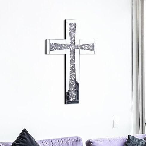Aeveco Silver Cross Mirror for Wall Decoration, Crystal Crush Diamond Mirrored Cross for Living Room, Bedroom, Home Décor in Saudi Arabia