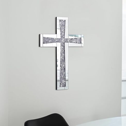 Aeveco Silver Cross Mirror for Wall Decoration, Crystal Crush Diamond Mirrored Cross for Living Room, Bedroom, Home Décor in Saudi Arabia
