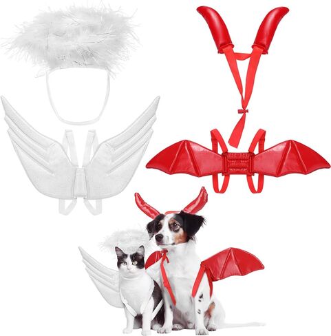 Pet Halloween Costume Angel Dog Costume Wings and Dog Devil Costume Cat Angel Devil Cosplay Outfit One Size Fits Many Pets for Christmas Holiday, Halloween Parties, Gifts for Dog & Cat Lovers in Kuwait