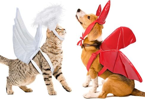 Pet Halloween Costume Angel Dog Costume Wings and Dog Devil Costume Cat Angel Devil Cosplay Outfit One Size Fits Many Pets for Christmas Holiday, Halloween Parties, Gifts for Dog & Cat Lovers in Kuwait