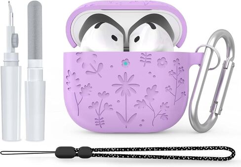 for Airpods 4 Case Cover, Flower Engraved Design AirPod 4 Case, Silicone Protective Cover Compatible with Apple AirPods 4th Gen Charging Case 2024 Released with Hand Strap/Carabiner/Cleaner Kit-Purple in Saudi Arabia