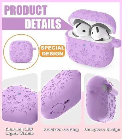 for Airpods 4 Case Cover, Flower Engraved Design AirPod 4 Case, Silicone Protective Cover Compatible with Apple AirPods 4th Gen Charging Case 2024 Released with Hand Strap/Carabiner/Cleaner Kit-Purple in Saudi Arabia