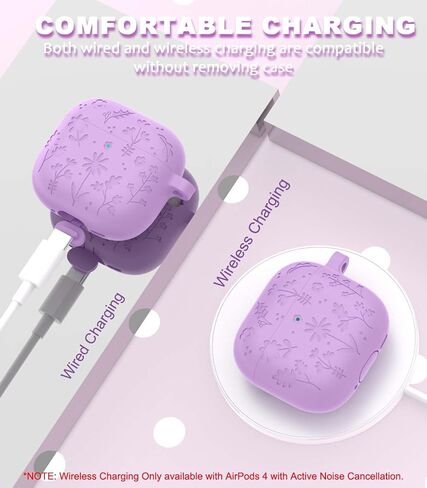 for Airpods 4 Case Cover, Flower Engraved Design AirPod 4 Case, Silicone Protective Cover Compatible with Apple AirPods 4th Gen Charging Case 2024 Released with Hand Strap/Carabiner/Cleaner Kit-Purple in Saudi Arabia