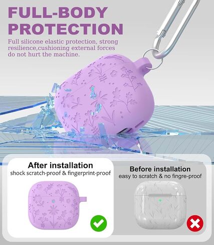 for Airpods 4 Case Cover, Flower Engraved Design AirPod 4 Case, Silicone Protective Cover Compatible with Apple AirPods 4th Gen Charging Case 2024 Released with Hand Strap/Carabiner/Cleaner Kit-Purple in Saudi Arabia