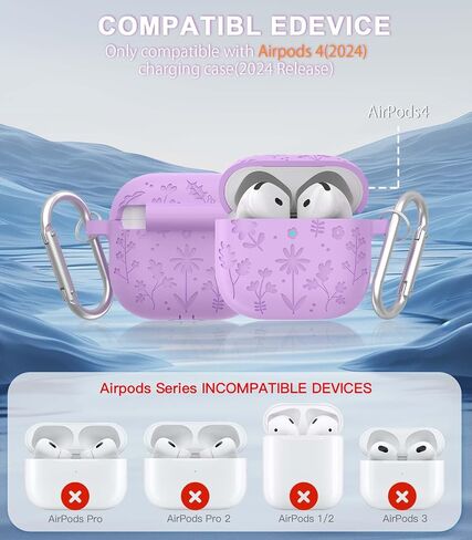 for Airpods 4 Case Cover, Flower Engraved Design AirPod 4 Case, Silicone Protective Cover Compatible with Apple AirPods 4th Gen Charging Case 2024 Released with Hand Strap/Carabiner/Cleaner Kit-Purple in Saudi Arabia