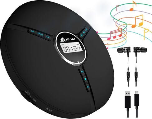 KLIM Discman مع سماعات الرأس - مشغل أقراص مضغوطة محمول مع سماعات رأس - إصدار جديد 2023 + مشغل أقراص مضغوطة مثالي للسيارة + أقراص CD-R وCD-RW وMP3 متوافقة. مشغلات الأقراص المضغوطة الصغيرة المدمجة، جهاز Walkman CD الشخصي - أسود in Kuwait