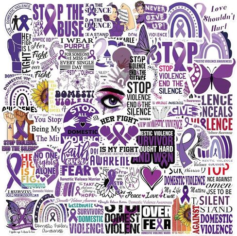 50 قطعة من ملصقات التوعية بالعنف المنزلي توقف العنف المنزلي شارات الفينيل المقاومة للماء لزجاجات المياه والكمبيوتر المحمول والهاتف المحمول وخوذة الجيتار على الجليد (شريط أرجواني) in Kuwait