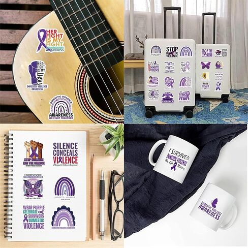 50 قطعة من ملصقات التوعية بالعنف المنزلي توقف العنف المنزلي شارات الفينيل المقاومة للماء لزجاجات المياه والكمبيوتر المحمول والهاتف المحمول وخوذة الجيتار على الجليد (شريط أرجواني) in Kuwait