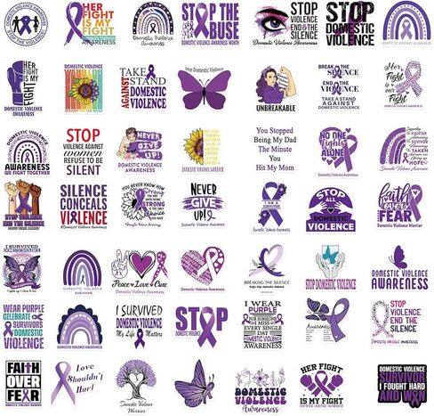 50 قطعة من ملصقات التوعية بالعنف المنزلي توقف العنف المنزلي شارات الفينيل المقاومة للماء لزجاجات المياه والكمبيوتر المحمول والهاتف المحمول وخوذة الجيتار على الجليد (شريط أرجواني) in Kuwait