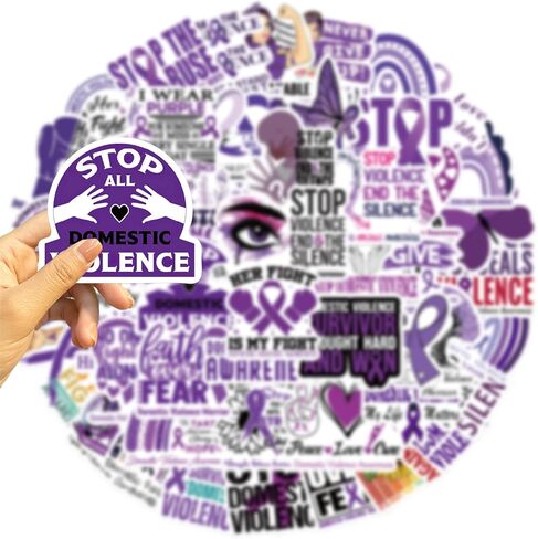 50 قطعة من ملصقات التوعية بالعنف المنزلي توقف العنف المنزلي شارات الفينيل المقاومة للماء لزجاجات المياه والكمبيوتر المحمول والهاتف المحمول وخوذة الجيتار على الجليد (شريط أرجواني) in Kuwait