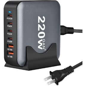 220W Charging Station for Multiple Devices, 6-Port USB Charging Hub, Fast USB Charging Station with 4PD USB-C, 2QC USB-A, Max 100W Output Charger Station for Phone, Android, Switch, Tablet