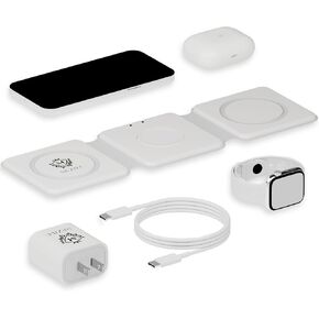 3-in-1 Portable Magnetic Wireless Charging Station for iPhone 12-15, Apple Watch, AirPods, Android | Travel Charger for Multiple Devices with Adapter | Portable, Lightweight, Tabletop Mount