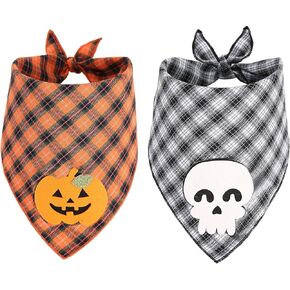Halloween Bandanas for Dogs 2 Pack, Plaid Dog Halloween Bandana with Pumpkin Skeleton Appliques for Small Medium Large Dogs